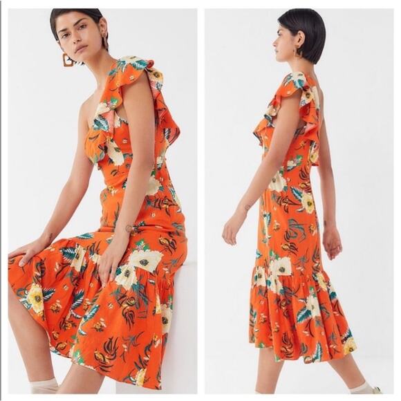 Urban Outfitters Carmen Tropical Floral Linen One Shoulder Ruffle Midi Dress S - Picture 2 of 10